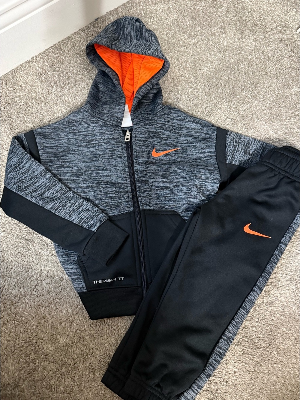 Nike Kids' Black & Grey Therma-FIT Hoodie and Joggers Set with Orange Accents